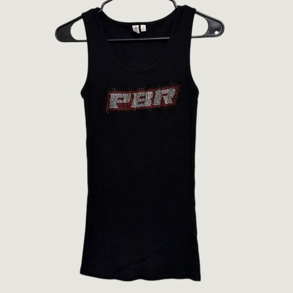 District Threads PBR Pabst Blue Ribbon Rhinestone Tank Top Black Womens XL Rib